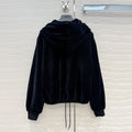 Autumn Winter Fashion Black Velvet Vintage Casual Wide Leg Pants Suit Women's Hooded Long Sleeve Coat+Drawstring Waist Trousers