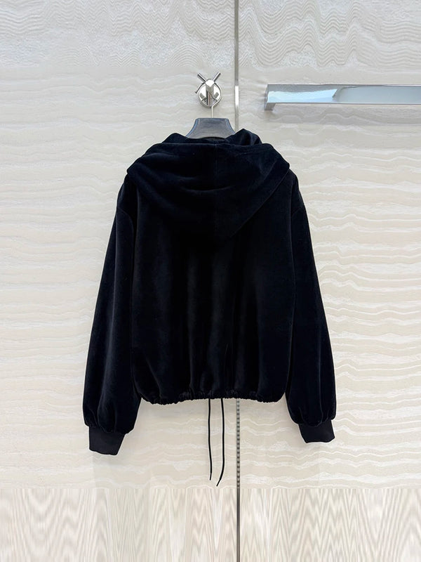Autumn Winter Fashion Black Velvet Vintage Casual Wide Leg Pants Suit Women's Hooded Long Sleeve Coat+Drawstring Waist Trousers