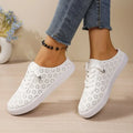Women White Hollow Cutout Backless Mule Sneakers Breathable PU Leather Upper No Tie Laces Slip‑On Summer Casual Flat Shoes