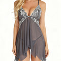 Floral Lace Split Sexy Babydoll Semi-sheer Deep V Bow Ruffle Dress and Panties Underwear Sets Women's Erotic Lingerie Nightgown
