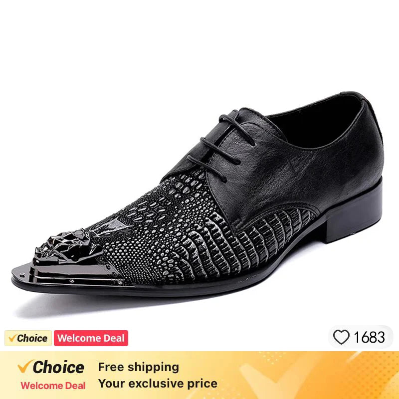 Crocodile Grain Men Shoes Pointed Iron Toe Leather Dress Shoes Black Lace-up Formal Business Shoes Men Zapatos Hombre