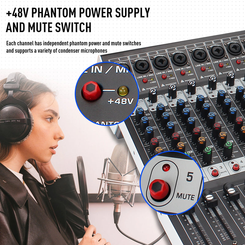 12-Channel Professional Audio Mixing Sound Board Console  Features 99-Bit DSP USB MP3 for PC Recording XLR Mic Jack