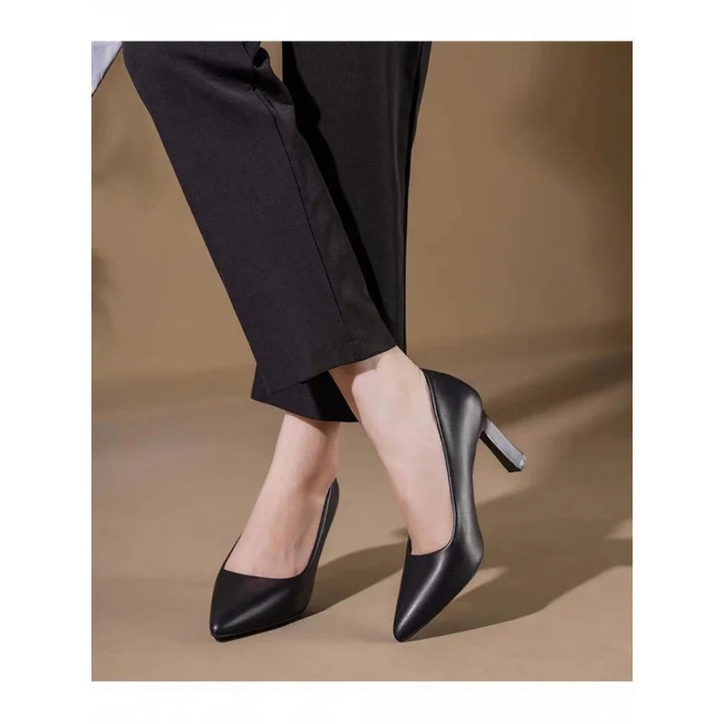 Soft PU Non-slip Single Shoe Work Shoes Women's Pumps Black Professional Interview High Heels Mid Heeled Work Leather Shoes
