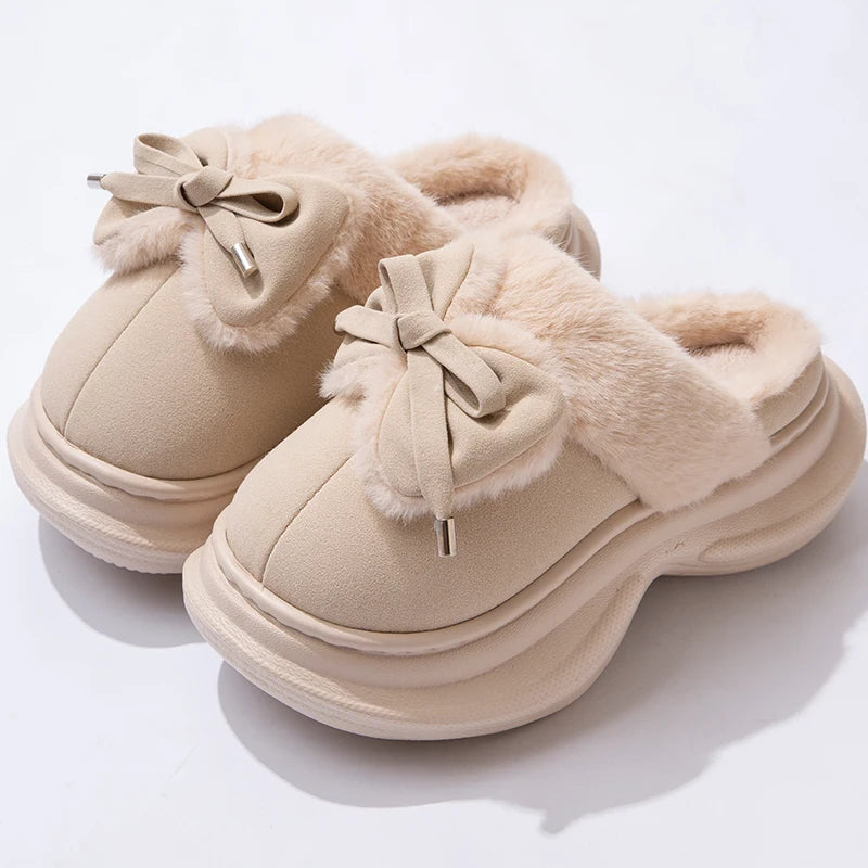 Bow Winter Women's Slippers Home Casual Plush Luxury Designer Woman Shoes Wedges Platform Fuzzy Fur Slides Fashion Soft Sole