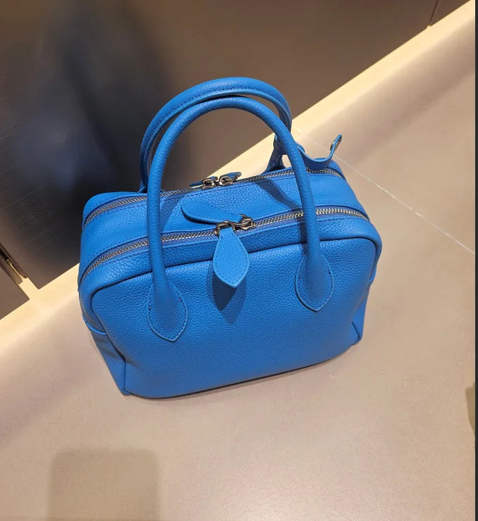 Genuine Leather Women's Boston Bag, New Niche Design Double Zipper Simple Wide Shoulder Strap Fashion Portable Shoulder Bag