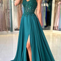 Green Chiffon Evening Dress Women Elegant Applique | SAMAG