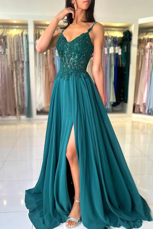 Green Chiffon Evening Dress Women Elegant Applique | SAMAG