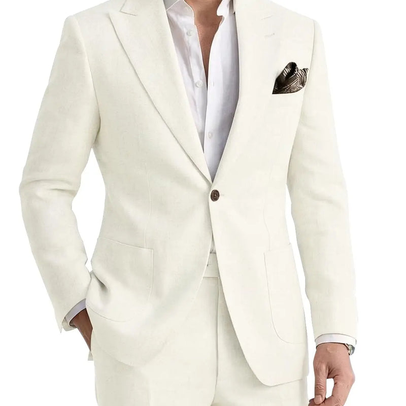 Men's 2 Pieces Linen Suits Casual Lightweight Summer Beach Groom Wedding Suit Linen Blazer Pants Set