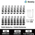 AA AAA Battery 1.5V 5800mAh and 3600mAh Lithium Rechargeable Batteries Fast Charging Li-ion Battery 2000 Cycles Type-C Cable
