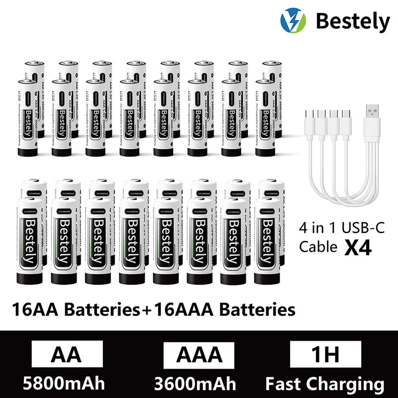 AA AAA Battery 1.5V 5800mAh and 3600mAh Lithium Rechargeable Batteries Fast Charging Li-ion Battery 2000 Cycles Type-C Cable