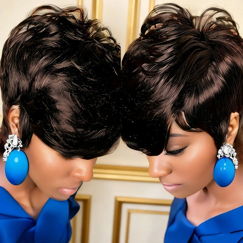 Short Bob Wig Pixie Cut Curly Human Hair Wigs For Women Natural and Brown Color Human Hair Machine Made Wig