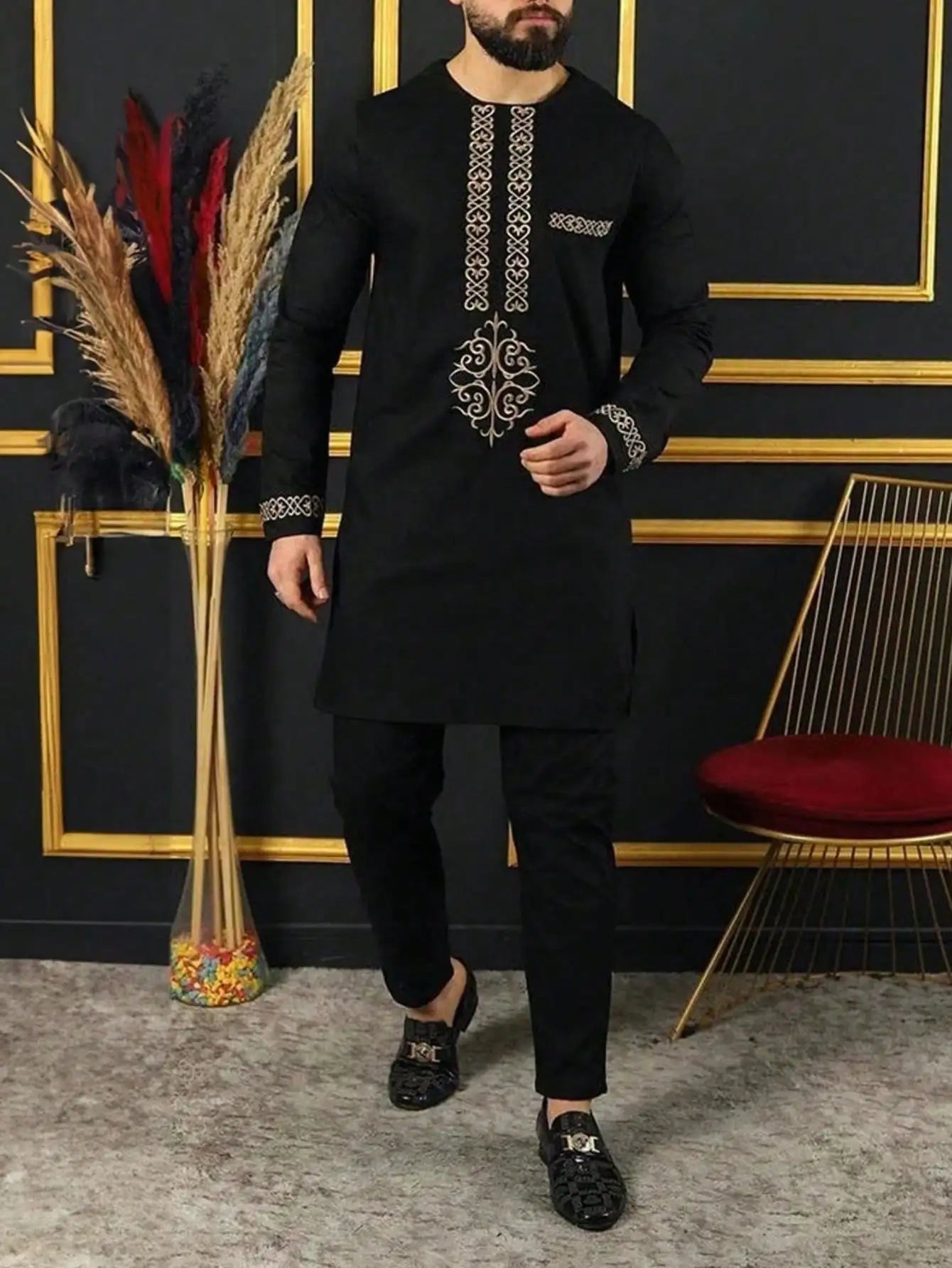 Summer Short Sleeve Men's Kuanda Suit Stand Collar Single Breasted Tuxedo Men's Suit Wedding Ethnic Style 2 Piece Sets Outfits
