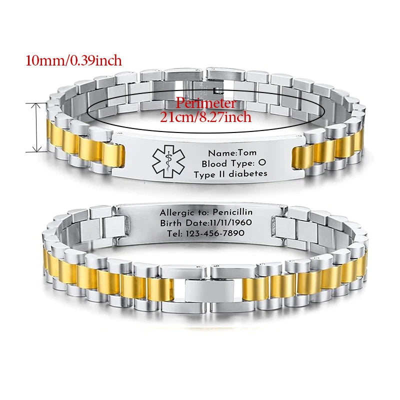 Custom Medical ID Bracelet Medilert Bracelets for Men Women Engraving Stainless Steel Medic ID Bracelet Wristband for Dad Mom