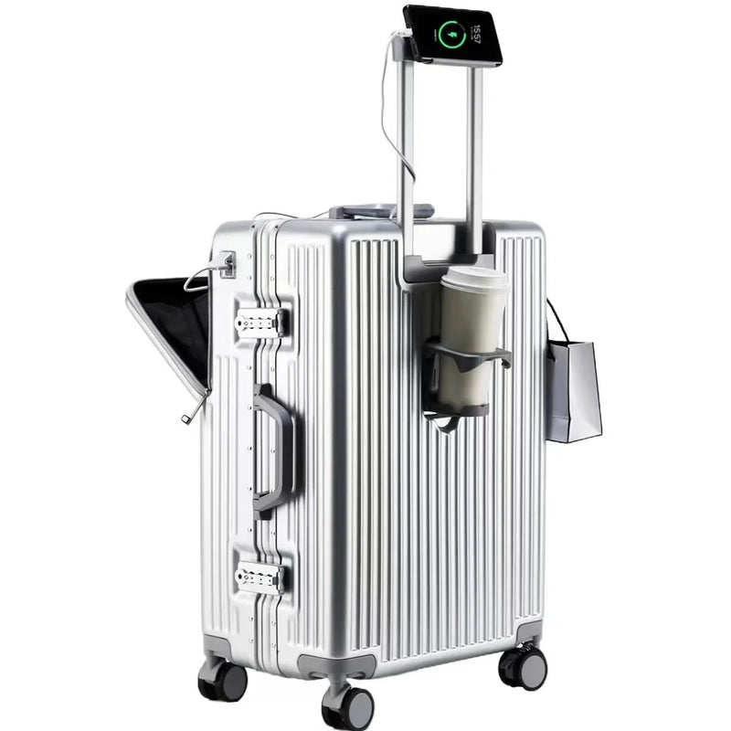 Aluminium Frame Suitcase Front Opening Cabin Luggage with USB Cup Holder Female Trolley Case Male Brake Wheel Travel Suitcase