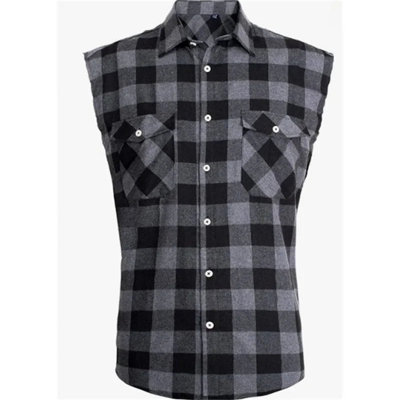 Men's Summer Sleeveless Vests Turn-down Collar Shirts sports Vest Single-breasted Plaid Tank Top cardigan Casual Vests Men tops