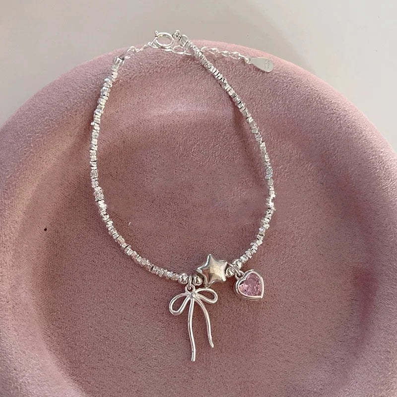 VENTFILLE 925 Sterling Silver Zircon Love Heart Bracelet For Women Bowknot Stars Bead Snake Bone Chain - Visuel 30 | SAMAG