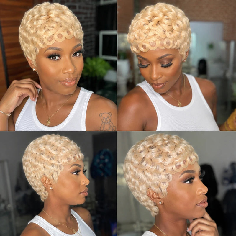 613 Blonde Short Curly Pixie Wig Human Hair Kinky Curly Afro Wig Glueless Natural Looking Easy Everyday Hairstyle Short Cut Wig