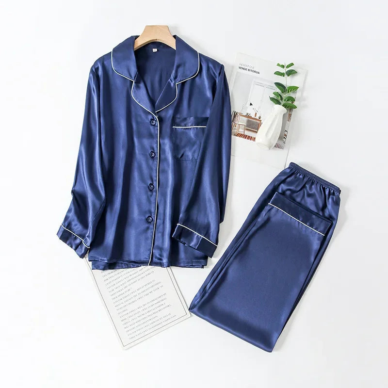 Tcyeek, 100%Real Silk Casual Pajamas Set, Women Long Sleeve Top Pants, Solid Home Clothing Set, 2024 Summer Autumn S48024QC