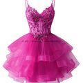 Customized Tiered Tulle A Line Homecoming Dress For Teens Sparkly Lace Applique Beaded Short Prom Dress Mini Cocktail Party Gown