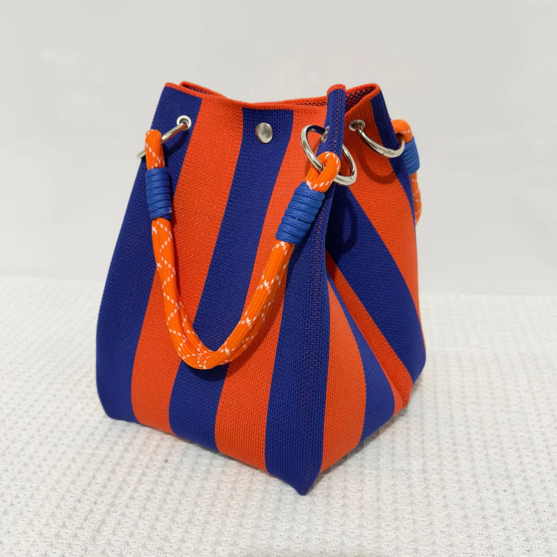 Korean Style Mini Knit Tote Bag Women Striped Crochet Bucket Handbag Lightweight Summer Daily Shoulder Purse For Vacation