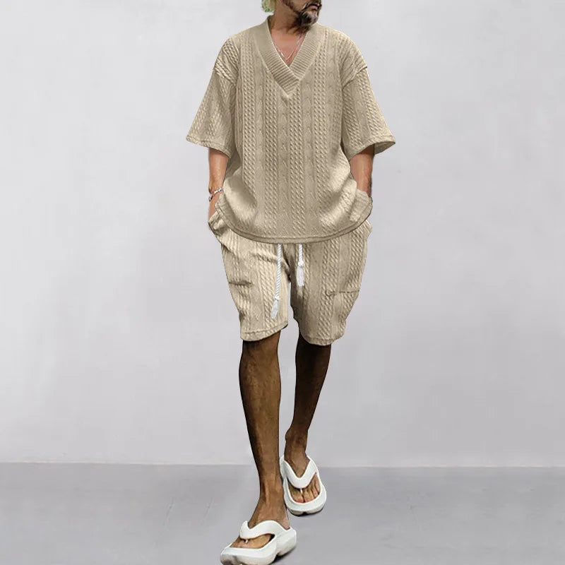 Men's Summer V-neck Jacquard Short Sleeve & Set Textured | SAMAG