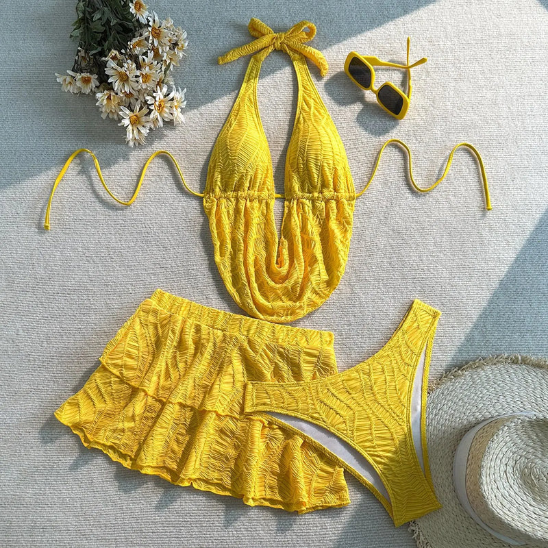 With Skirt Wrinkled Halter Tankini Bikini Women Swimwear | SAMAG