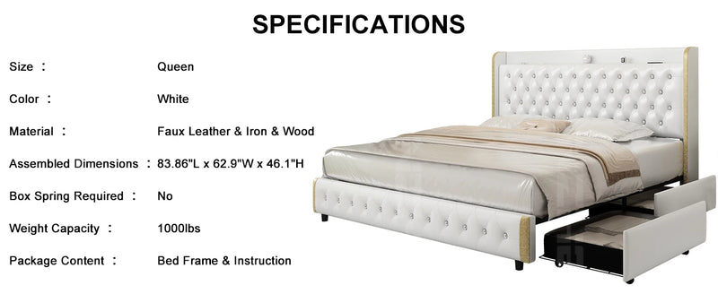 GEGOFORU Queen LED Bed Frame with Galaxy Projector, Bluetooth Speaker, USB Ports, 4 Drawers, No Box Spring Needed, PU Black