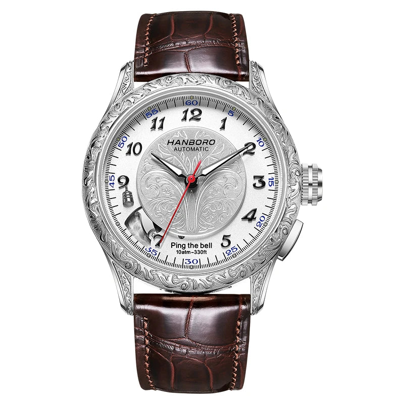 HANBORO Mechanical Alarm Watch Men Automatic Ping Bell Hourly Chime Luxury 100M Waterproof Sapphire Steel Business Unique