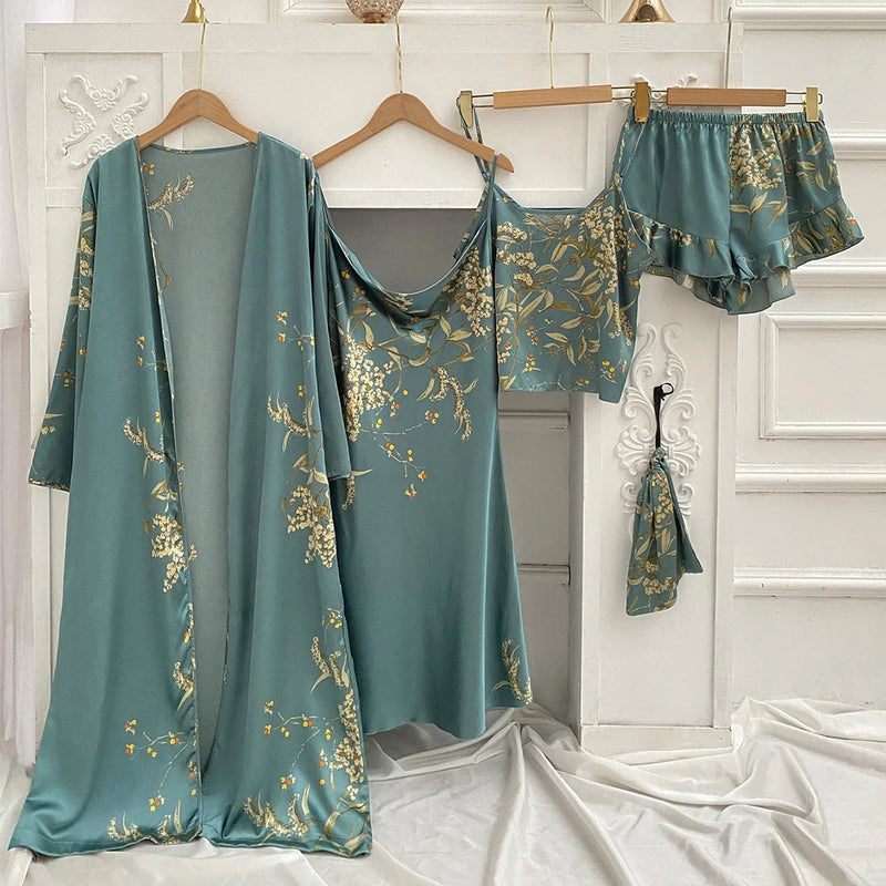 Silk Robe Sleep Suit Women's Lace Satin Pajamas Gown Set | SAMAG