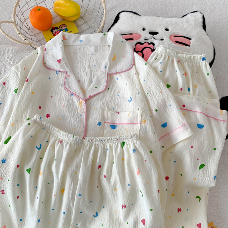 Cartoon Hello Kitty Summer Cardigan Lapel Women's Pajama Set Cloud Cotton Cute Printed Casual Loungewear Three-piece Set