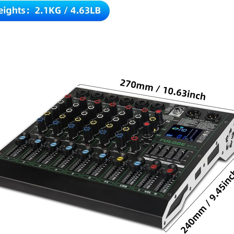Professional Dj Audio Mixer 6 Channels Mixing Console With 99 Dsp Effects Bluetooth 48v Phantom Power And Vocal Cancellation