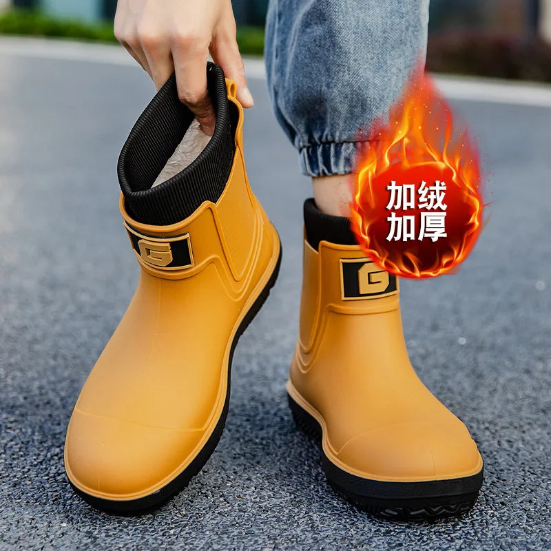 Men's Short-Tube Non-Slip Rain Boots Fashionable Low-Top Water Shoes, Pvc One-Time Molded Rain Boots, Pastoral Labor Waterproof