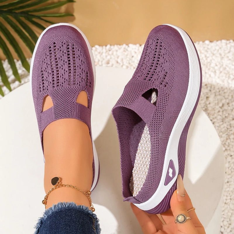 Women's Backless Walking Mules Non-Slip Breathable Knit Slippers for Elderly Ladies Indoor Outdoor Casual Shoes