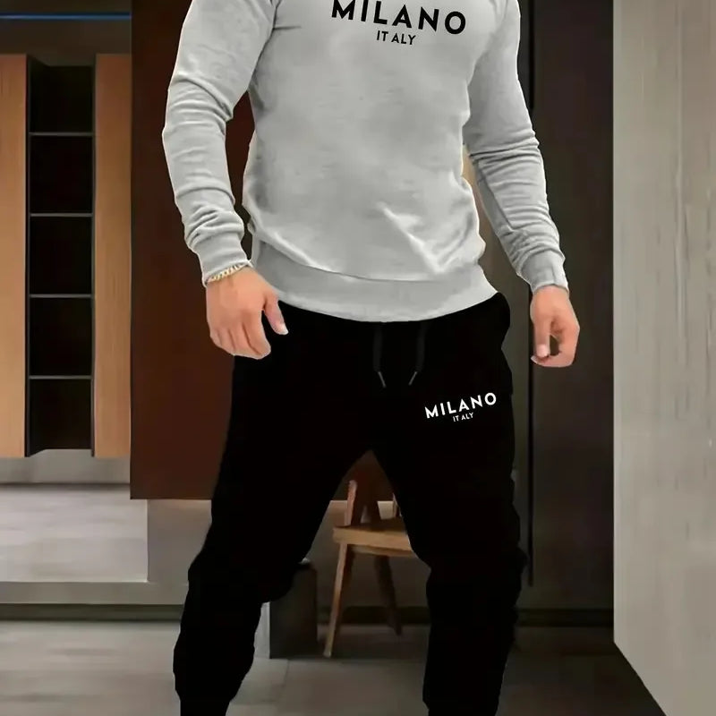 The new men's round - neck hoodie set for Spring and Autumn features a casual and comfortable 3D letter - View 5 | SAMAG