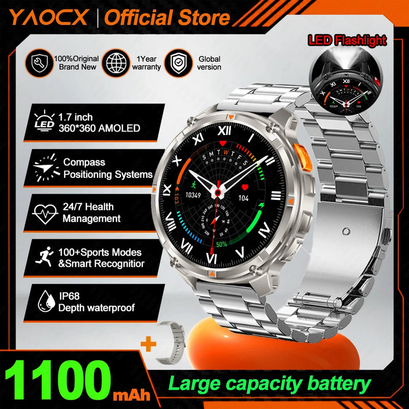 NEW 1100mAh Battery Sports Smart Watch Compass IP68 Waterproof Outdoor Flashlight Voice Assistant Heart Rate BT Call Smart Watch