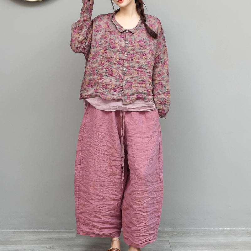 Women Summer Floral Lightweight Ramie Long - sleeve Shirt - View 3 | SAMAG