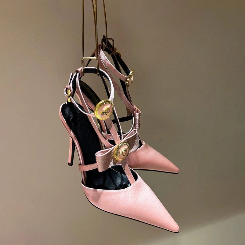 2025 New Bow Tie Thin Heel Pointed Toe Sexy Roman Straight Strap High-heeled Sandals for Women