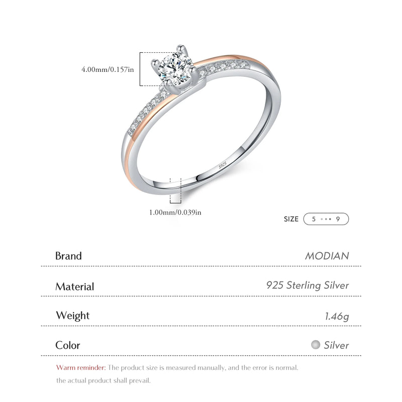 MODIAN 925 Sterling Silver Classic Wedding Elegant Ring Rose Gold Color Line Unique Metallic Contrast Design Jewelry For Women