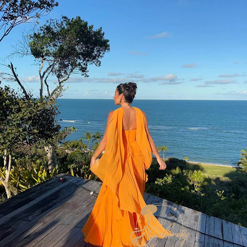 Galarity Luxury Orange Evening Dresses Strapless Pleated | SAMAG