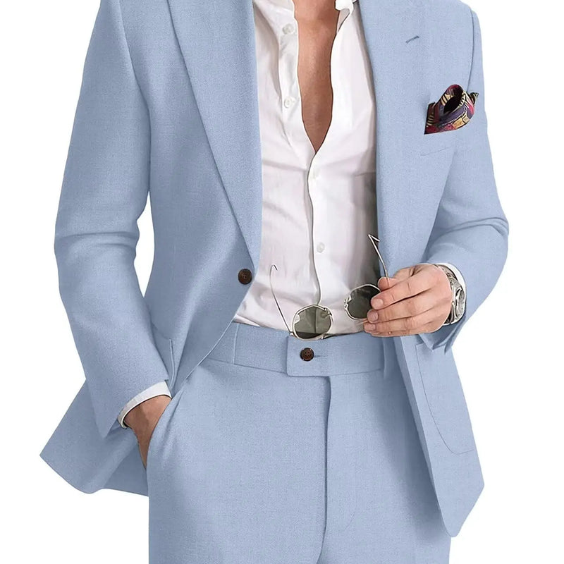 Mens Linen Suit 2 Piece Casual Suits for Men Summer Beach Groom Wedding Suit Linen Blazer Pants Set