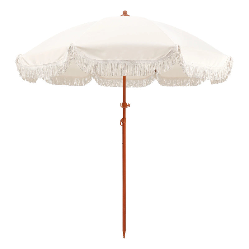 7.3ft Boho Beach Umbrella with Integrated Sand Anchor & Reinforced 8mm Ribs – Heavy Duty Windproof Fringe Patio Umbrella, UPF 50+ Sun Shade with Tilt Mechanism & Carry Bag for Outdoor, Garden, Seaside (Cream/White)