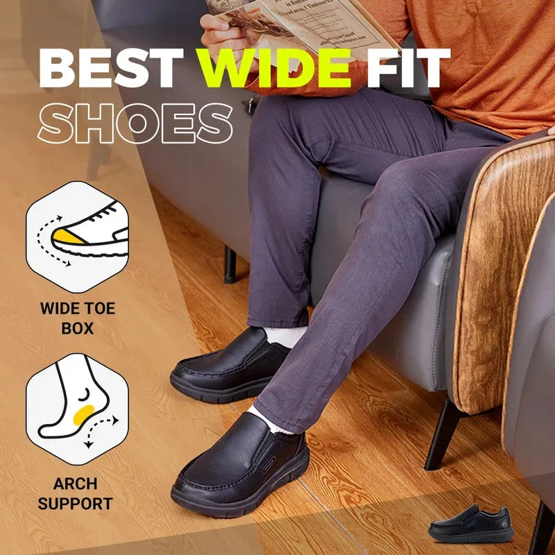 Fitville Men'S Slip-On Shoes Wide Width Leather Casual Shoes Lightweight For Swollen Feet With Arch Support Pain Relief
