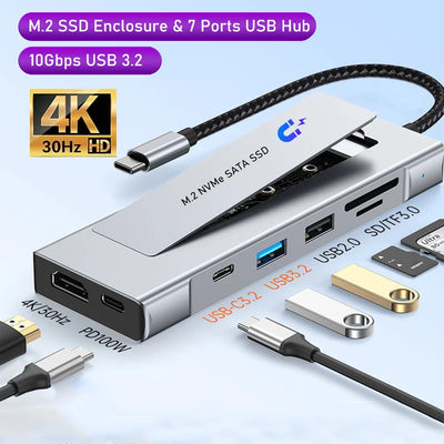 8-in-1 USB Hub M.2 NVMe SATA SSD Enclosure Storage USB3.2 | SAMAG
