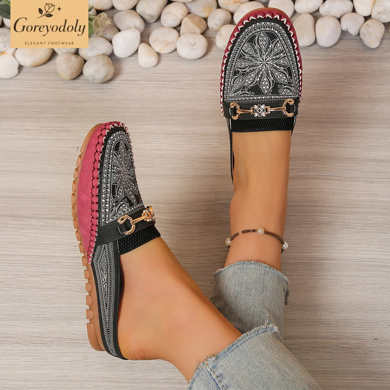 Goreyodoly women mule flats rhinestone cutout shoes chain detail elastic slip on wide fit lightweight soft sole comfort shoes
