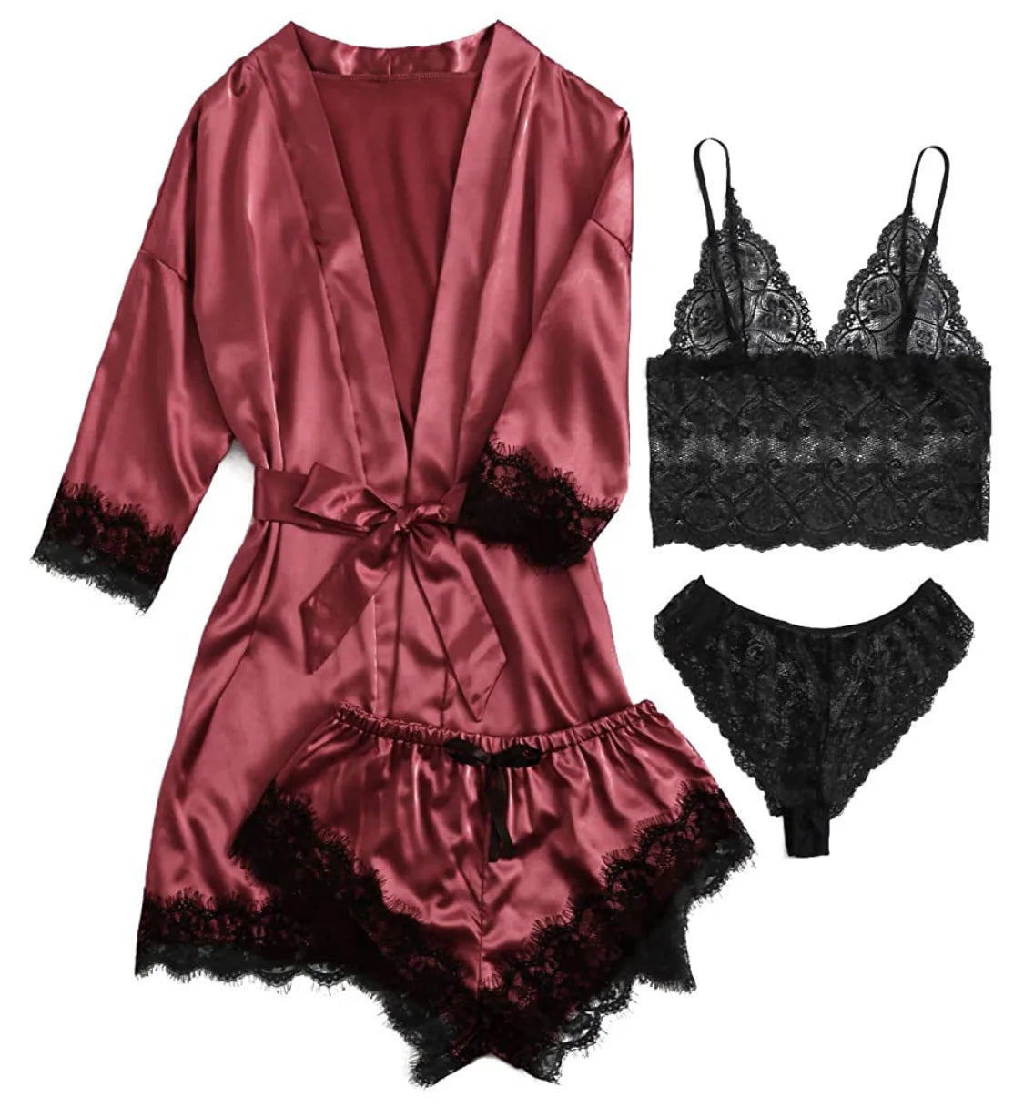 Women's Pajama Fashion 4-piece Set Lace Satin Strap Sexy | SAMAG