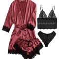 Women's Pajama Fashion 4-piece Set Lace Satin Strap Sexy | SAMAG