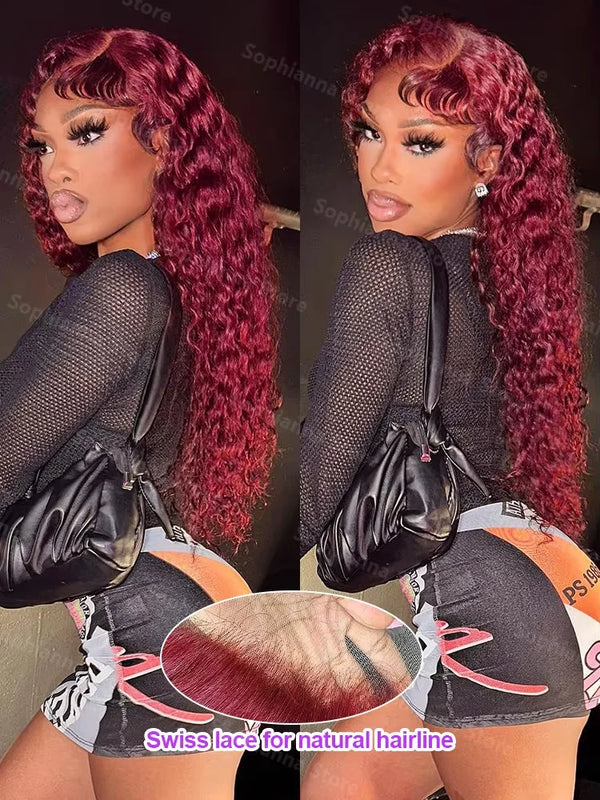 99J Burgundy 38 inch Peruvian Deep Wave 13x6 HD Lace Front Human Hair Wigs Women 13x4 Lace Frontal Wig 5x5 Glueless Closure Wig