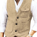Men Vest Brown Herringbone Wool Tweed V Neck Single Breasted Retro Tooling Vest Male Gentleman Business Waistcoat For Wedding