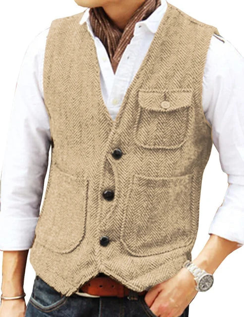 Men Vest Brown Herringbone Wool Tweed V Neck Single Breasted Retro Tooling Vest Male Gentleman Business Waistcoat For Wedding