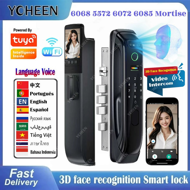 6068,5572,6072,6085 Mortise Lock Tuya Wifi App Camera Smart Digital Lock With Fingerprint Face Key Card Rfid